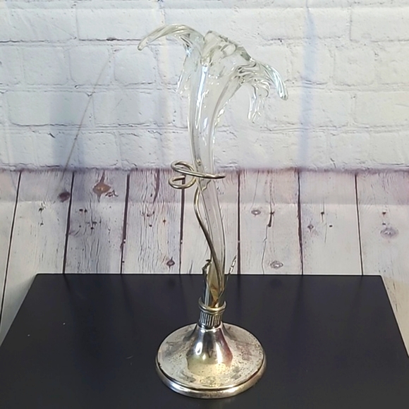 Vintage MCM Hand Blown Glass Art Nouveau Style Lily Orchid Vase Patina Silver - Picture 16 of 17